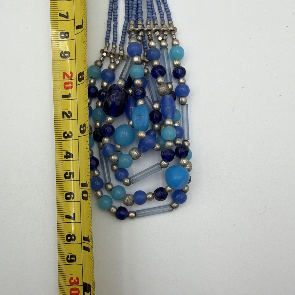 Multi Strand Blue Beaded Necklace Boho Statement Layered Glass Seed Beads - Picture 6 of 7